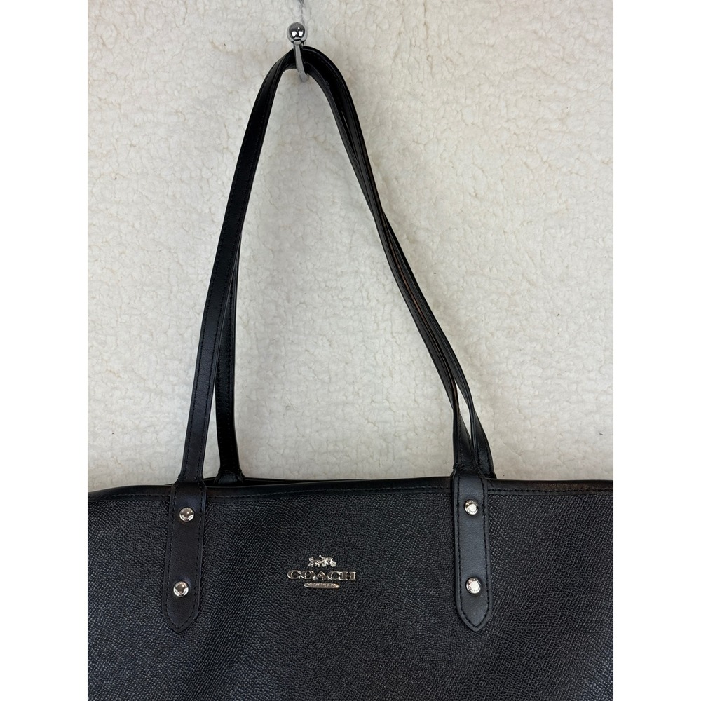 Coach City Tote Reversible Black Crossgrain Leather Gingham Plaid Handbag - Picture 2 of 11